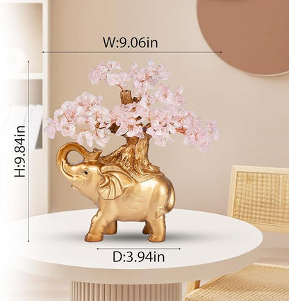 Rose Quartz Crystal Money Tree on Gold Mini Elephant Statue, 10”Gemstone Bonsai Tree of Life Home Décor Gifts for Wealth Positive Energy, Feng Shui Décor