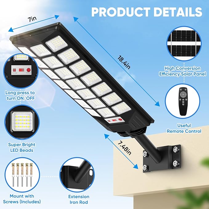 Brightever Solar Street Lights Outdoor, 32000LM 8500K Waterproof Motion Sensor Solar Powered Flood Lights with Remote Control, Dusk to Dawn Parking Lot Lights for Outside,Yard, Garden, 2-Pack