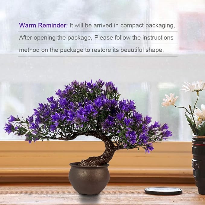 Artificial Bonsai Tree - Fake Plants for Home Decor, Bookshelf Coffee Table Office Desk Bathroom Farmhouse Indoor Decor, 9.5" Tall, Purple