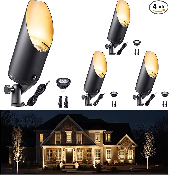 Gardenreet Brass Landscape Lighting - Black Low Voltage Outdoor Spotlights, Wired LED Uplights 12V, Waterproof Spot Lights, Stretchable Shroud for Outside Trees with Warm White MR16 Bulb (4 Pack)