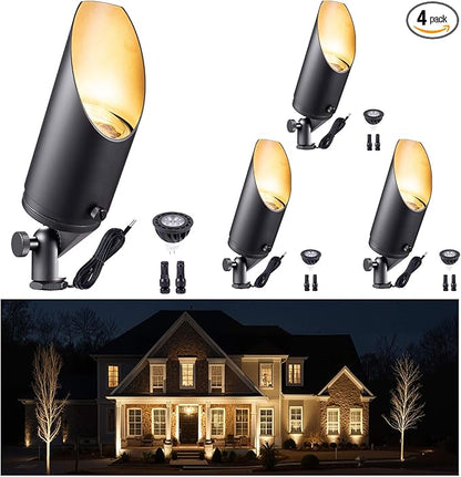 Gardenreet Brass Landscape Lighting - Black Low Voltage Outdoor Spotlights, Wired LED Uplights 12V, Waterproof Spot Lights, Stretchable Shroud for Outside Trees with Warm White MR16 Bulb (4 Pack)