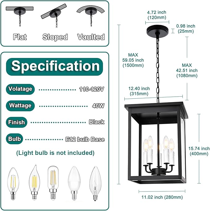 5 Lights Indoor Pendant Light White Outdoor Chandelier Exterior Hanging Fixtures Ceiling Mount with Clear Glass Shade Hanging Lantern Adjustable Pendant Lighting for Outdoor Hallway