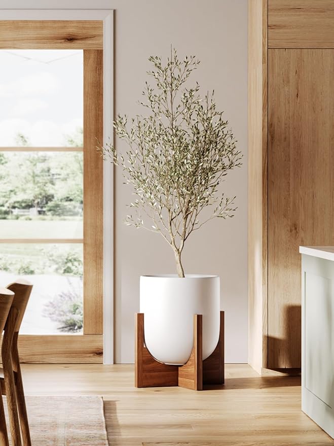 LE TAUCI 12 Inch Pots for Plants with Acacia Wood Stand, Ceramic Large Planters for Indoor Plants, Indoor Planters for Office Living Room, Cylinder Pots with Drainage Hole and Plug, White
