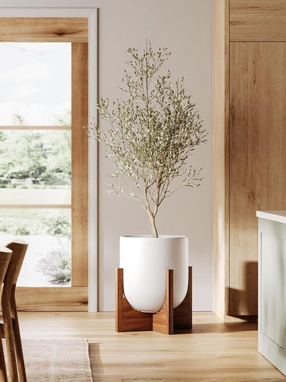 LE TAUCI 12 Inch Pots for Plants with Acacia Wood Stand, Ceramic Large Planters for Indoor Plants, Indoor Planters for Office Living Room, Cylinder Pots with Drainage Hole and Plug, White