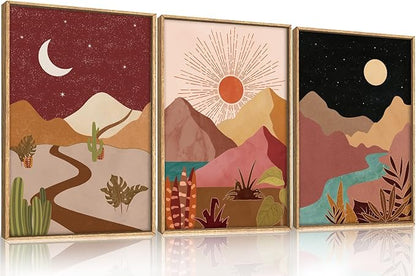 LHIUEM Large Boho Southwest Mountain Framed Canvas Wall Art,Abstract Desert Colorful Wall Decor,Nature Moon and Sun Wall Painting,Bohemian Artwork for Living Room,Bedroom,Dining Room,Office -24"x36"x3