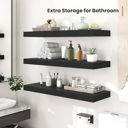 Heimlove 24 x 12 Inch Deep Floating Shelves Wall Mounted with Invisible Brackets,Storage Hanging Shelf for Wall Decor in Bathroom, Bedroom, Toilet, Kitchen, Living Room, Office Set of 2 (Black)