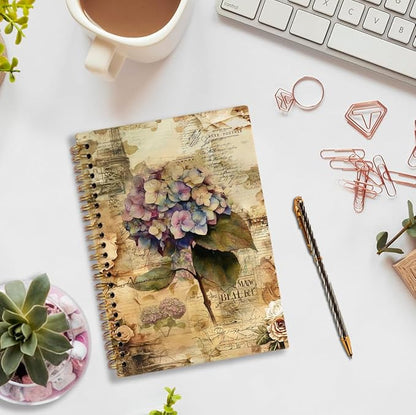Classical Hydrangea Spiral Notebook, Vintage Mid Century Floral Journal Notebook, Hydrangea Flower Journaling Notebooks for Women, Retro Floral Office School Supplies Gifts, 5.5x8.3 Inch