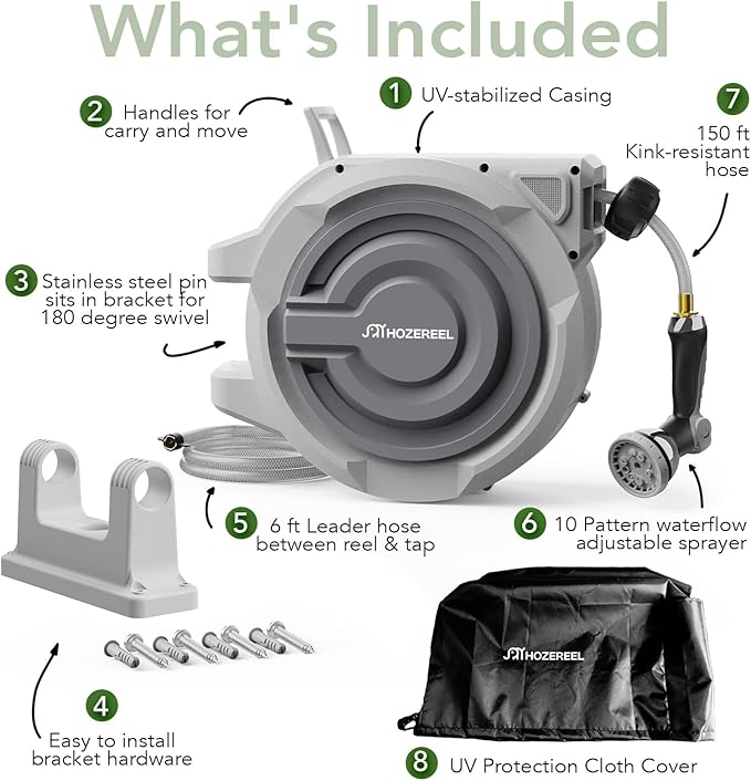 150 FT x 1/2" Retractable Garden Hose Reel by HOZEREEL, Outdoor Garden Hose Reels - Automatic Self Retract Wall Mount Hose Reel Enclosed Storage, Any Length Lock, 10 Pattern Nozzle-Grey