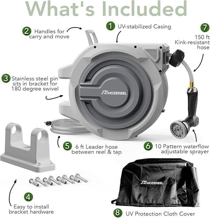 150 FT x 1/2" Retractable Garden Hose Reel by HOZEREEL, Outdoor Garden Hose Reels - Automatic Self Retract Wall Mount Hose Reel Enclosed Storage, Any Length Lock, 10 Pattern Nozzle-Grey