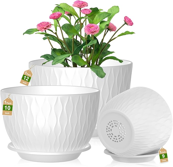 12/10/9 Inch Planter Pots, 3-Pack Large Flower Pots for Indoor Outdoor Garden Plants, Big Plant Pots with Multi Mesh Drainage Holes and Saucer (White, 12"+10"+9")