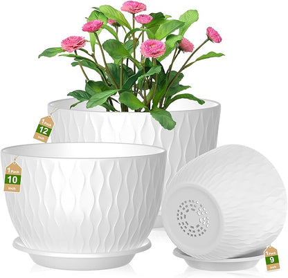 12/10/9 Inch Planter Pots, 3-Pack Large Flower Pots for Indoor Outdoor Garden Plants, Big Plant Pots with Multi Mesh Drainage Holes and Saucer (White, 12"+10"+9")