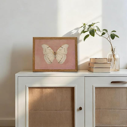 Wojuin Framed Pink Vintage Butterfly Canvas Wall Art, Neutral Moody Insect Farmhouse Wall Decor, Antique White Moth Aesthetic Poster Print for Living Room Bedroom Bathroom Dorm Office 8x10 in