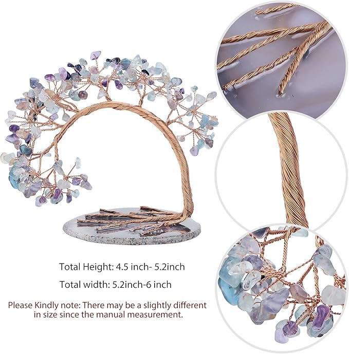 mookaitedecor Natural Fluorite Crystal Money Tree Agate Slice Base Feng Shui Bonsai Crystal Tree for Wealth Luck Desk Decor, 4.5-5.2 Inch High