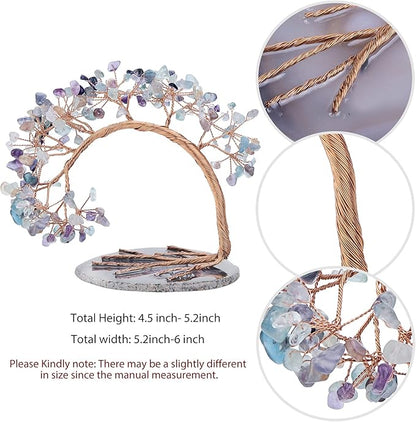 mookaitedecor Natural Fluorite Crystal Money Tree Agate Slice Base Feng Shui Bonsai Crystal Tree for Wealth Luck Desk Decor, 4.5-5.2 Inch High