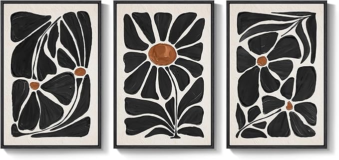 Large Framed Boho Abstract Floral Wall Art for Living Room, 3 Piece Mid-Century Modern Botanical Canvas Painting Prints Artwork for Walls, Black and White Flowers for Bedroom Hallway Office, 24x36 In