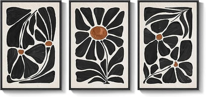 Large Framed Boho Abstract Floral Wall Art for Living Room, 3 Piece Mid-Century Modern Botanical Canvas Painting Prints Artwork for Walls, Black and White Flowers for Bedroom Hallway Office, 24x36 In