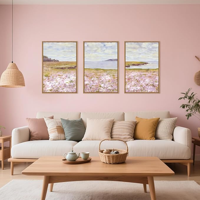 HOURIA Watercolor Pink Floral Coastal Landscape Framed Canvas Wall Art Set,Nature Inspired Wildflower & Meadow Cottage Field Wall Decor,Modern Seaside Beach Artwork for Living Room,Farmhouse-16"x24"x3