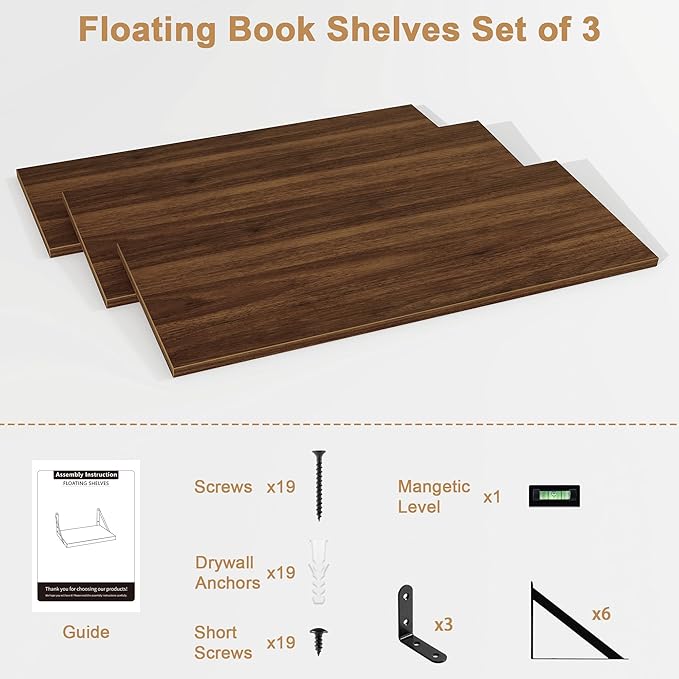 Fun Memories Long Wall Shelves for Bedroom, Set of 3 Large 40-Inch Floating Bookshelves, Rustic Wood Display Shelf for Home and Office (Walnut)