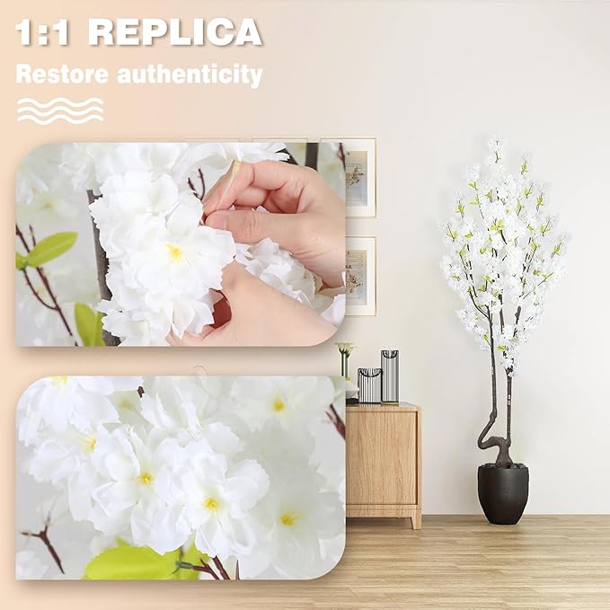 7.2 ft White Artificial Cherry Blossom Tree, Nearly Nature Faux Silk Flower Tree Indoor, Fake Realistic White Flowering Tree for Christmas New Year Home Decor