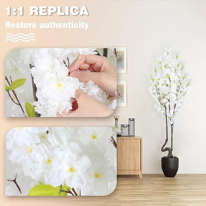 7.2 ft White Artificial Cherry Blossom Tree, Nearly Nature Faux Silk Flower Tree Indoor, Fake Realistic White Flowering Tree for Christmas New Year Home Decor