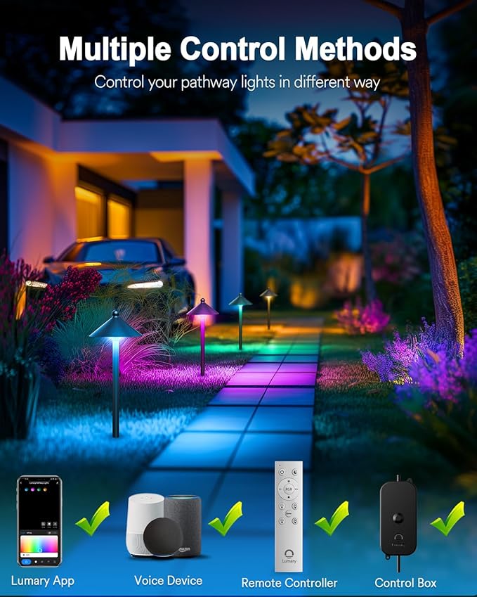 Lumary Smart Low Voltage Pathway Lights, Landscape Path Lights with RGBAI Color Changing, IP65 Waterproof Outdoor Lighting for Yard Driveway, App/Voice/Remote Control, 4 Pack, Cone Path Lights