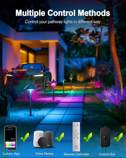 Lumary Smart Low Voltage Pathway Lights, Landscape Path Lights with RGBAI Color Changing, IP65 Waterproof Outdoor Lighting for Yard Driveway, App/Voice/Remote Control, 4 Pack, Cone Path Lights