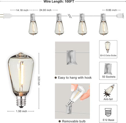 DAMAING LED Outdoor String Lights 100FT Patio Lights with 52 Shatterproof Edison Bulbs,Dimmable Hanging Lights,Waterproof String Lights for Outside Wedding,Bistro,Porch,Backyard,2200K