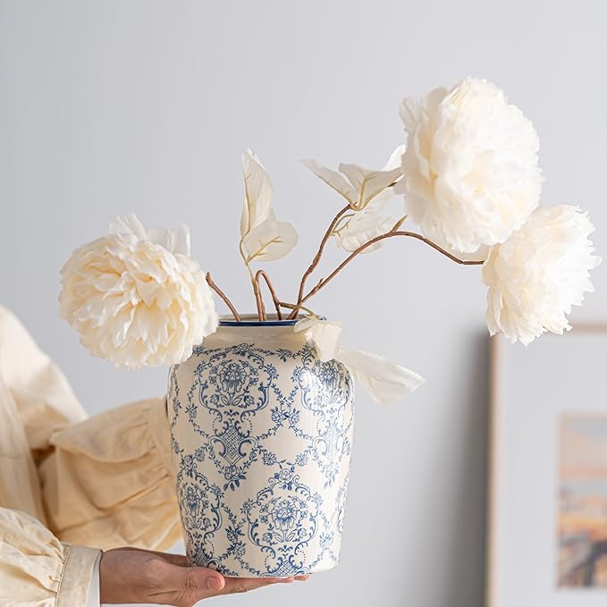 Blue and White Vase, Vintage Blue Ceramic Flower Vessel,Ceramic vases for Home Decor,Vintage Vase for Home Decor, Living Room, Shelf, Office, Rustic Table Centerpiece (Round)