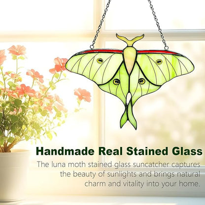 Luna Moth Stained Glass Window Hanging,Handcrafted Real Stained Glass Butterfly Window Suncatchers for Home Indoor Decor, Christmas Mother's Day Birthday Gifts for Women, Mom, Grandma