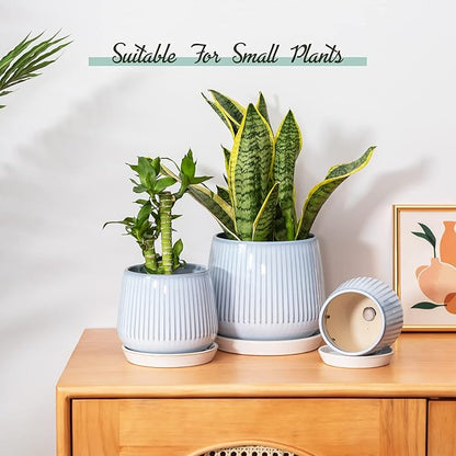 TAMAYKIM 4.25 + 5.5 + 7 Inch Ceramic Plant Pots with Drainage Holes and Saucers, Small to Large Planter Sets for Plants, Succulent, Cactus and Herbs, Blue, Set of 3