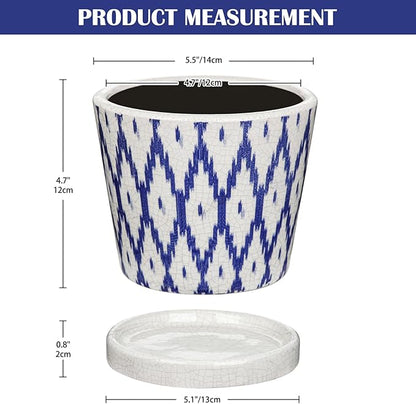 Plant Pots 5.5 Inch, Ceramic Planter with Drainage Hole and Saucer for Indoor Plants, Ice Crack Diamond Pattern Vintage Garden Pots for Succulent Orchid Snake Plants Flower (Blue)