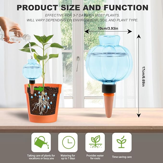 4 Pcs Plant Self Watering Globes, 17oz Large Plastic Water Bulbs Top Fill Watering Globes Slow Release Terracotta, Water Spikes Stakes for Indoor and Outdoor Plants (Blue)