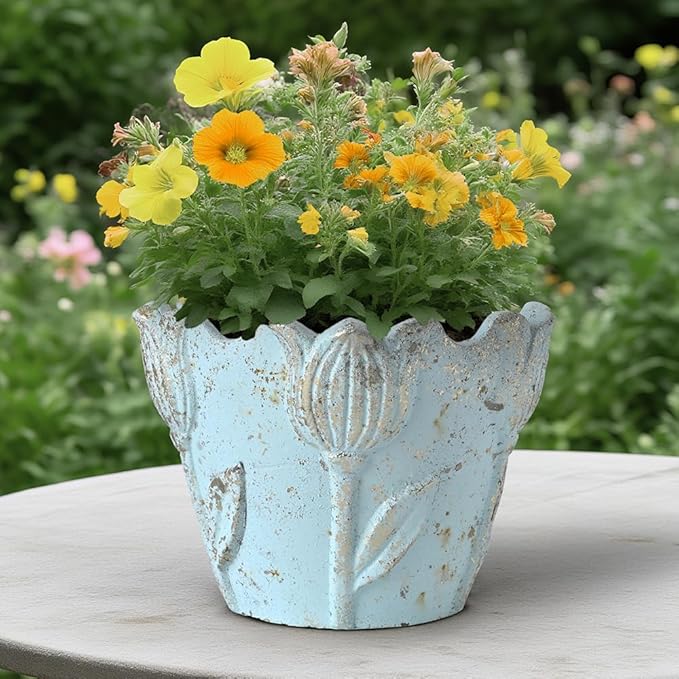 5.63" Rustic Cement Plant Pot Succulent Planters for Outdoor/Indoor Plants Vintage Tulip Planter Pot Cylinder Round Flower Pot for Succulent/Herbs/Violets, Home Garden Balcony Decor Blue