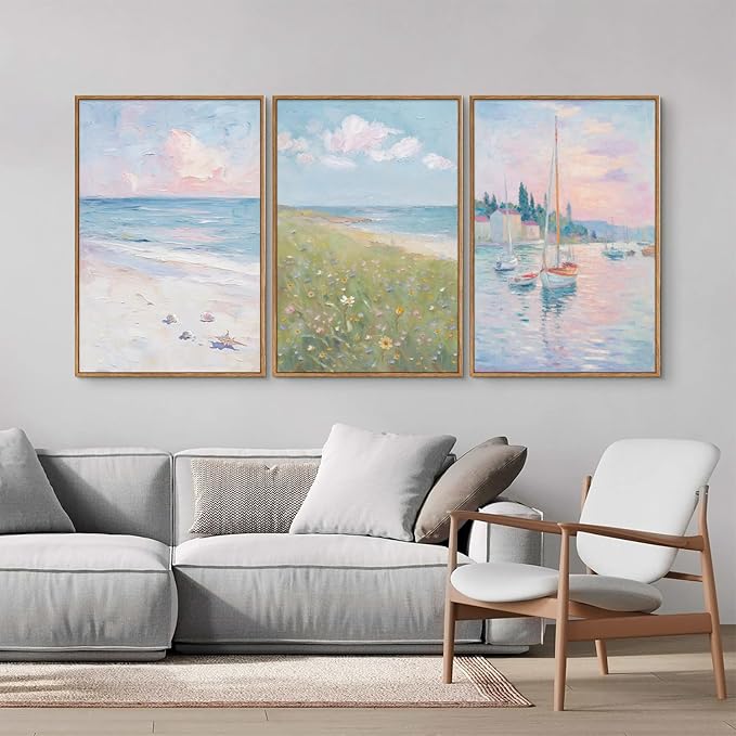 Rantodecor Impressionist Framed Canvas Wall Art, Blue and White Pink Beach Wall Decor, Pastel Preppy Sailboat Posters Art Prints, Coastal Beach House Artwork for Bedroom Living Room Office 16"x24"x3