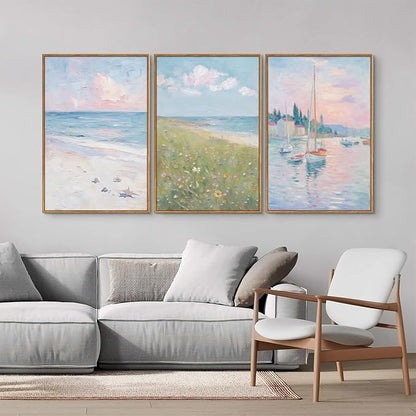 Rantodecor Impressionist Framed Canvas Wall Art, Blue and White Pink Beach Wall Decor, Pastel Preppy Sailboat Posters Art Prints, Coastal Beach House Artwork for Bedroom Living Room Office 16"x24"x3
