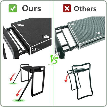 Heavy Duty Garden Kneeler and Seat for Elderly, 400lbs Capacity Foldable Gardening Stool with Support Legs & Thick Pad, Includes Large Tool Organizer Bag, Black