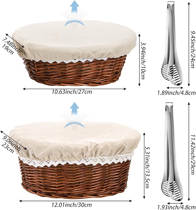 Nicunom 2 Size Wicker Bread Baskets for Serving Set, 11" 12" Bread and Pastries Basket Fruit Basket Sourdough Proofing Baskets with Removable Liner and Cover, Stainless Steel Tongs
