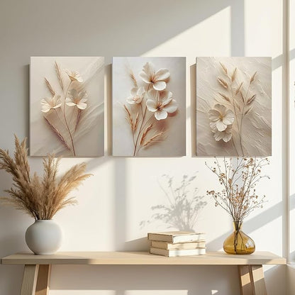 FYLDPSB 3Pcs Unframed Neutral Beige Floral Canvas Wall art, Modern Simple Texture Plant Painting Wall Decor, Vintage Flower Poster Prints for Living Room Bedroom Farmhouse Ready to Hang 16''L x 12''W