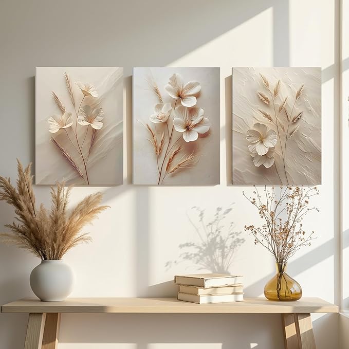 FYLDPSB 3Pcs Unframed Neutral Beige Floral Canvas Wall art, Modern Simple Texture Plant Painting Wall Decor, Vintage Flower Poster Prints for Living Room Bedroom Farmhouse Ready to Hang 24''L x 16''W