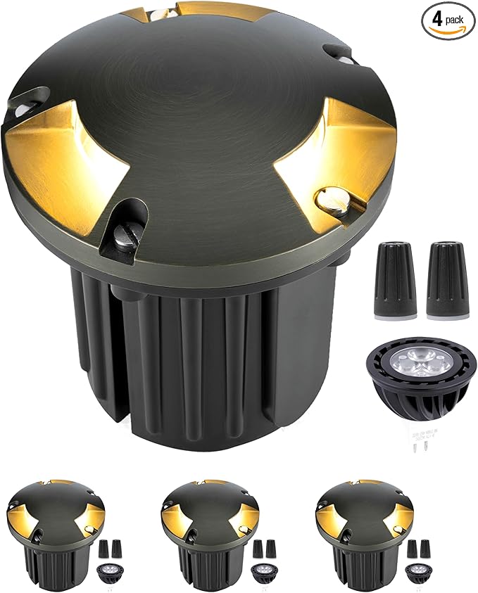 Gardenreet Well Lights Landscape LED - Brass Ip65 Replaceable Bulb Low Voltage In-Ground Lighting, 12V Wired Directional Fixture, Antique Bronze for Lawn Yard Patio with 5000K Daylight White MR16 Bulb