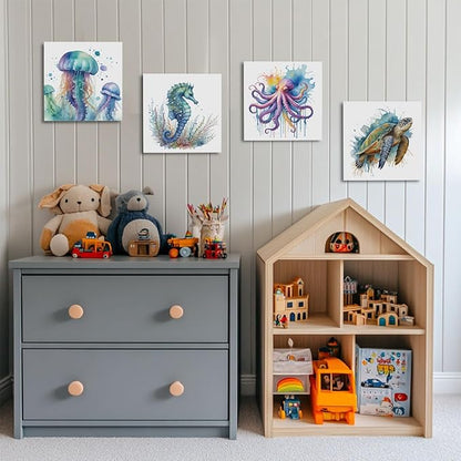 4 Pcs Watercolor Octopus Sea Turtle Seahorse Jellyfish Canvas Wall Art Framed Sea Animals Art Posters Pictures Wall Decor Ocean Canvas Decoration Artwork for Walls Home Living Room Bedroom Office