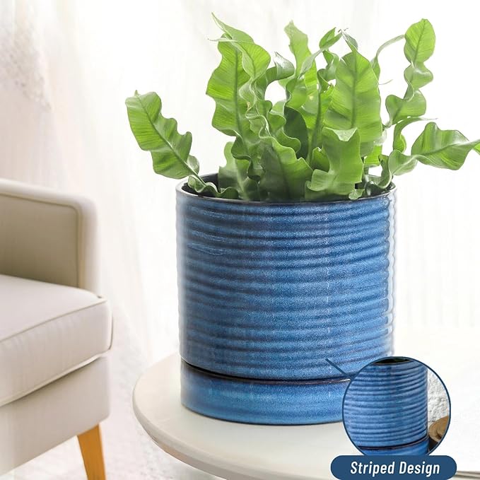 HASENSE Ceramic Plant Pots Indoor Outdoor, 6 Inch Pot for Plants with Drainage Hole and Saucer, Blue Modern Planter for Housewarming