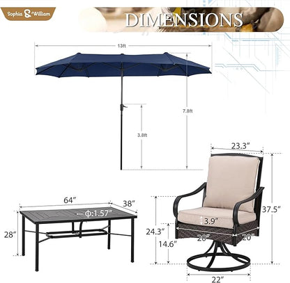 Sophia & William Patio Table and Chairs Set with Umbrella 8 Piece Outdoor Dining Set for 6 with 13ft Double-Sided Patio Navy Umbrella, 6 x Swivel Patio Chairs, 1 Metal Table for Lawn Garden