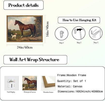 Framed Vintage Wall Art, Rustic Horse and Dog Pictures Wall Decor, Farmhouse Animal landscape Paintings Canvas Prints Neutral Aesthetic Home Decor for Living Room Bedroom Bathroom Office 16x24 inch