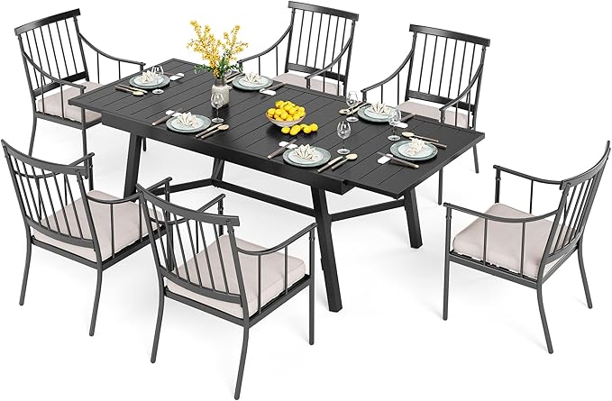 PHI VILLA 7 Pieces Outdoor Dining Set for 6, 84" Long Expandable Metal Table & Heavy-Duty Wrought Iron Chairs with Cushions, Large Furniture Set for Patio, Deck, Yard, Porch - Black