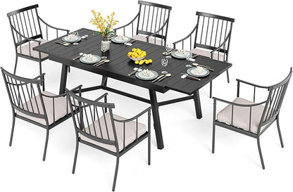 PHI VILLA 7 Pieces Outdoor Dining Set for 6, 84" Long Expandable Metal Table & Heavy-Duty Wrought Iron Chairs with Cushions, Large Furniture Set for Patio, Deck, Yard, Porch - Black