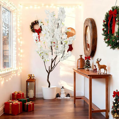 7.2ft Tall Artificial White Cherry Blossom Tree Indoor Decor, Fake Silk Flower Cherry Tree Plant Outdoor, Faux Flowering Tree Christmas New Year Home Decor