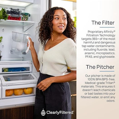 Clearly Filtered No.1 Filtered Water Pitcher/Updated Model/Targets 365+ Contaminants e.g. Fluoride Chlorine PFAS Microplastics Lead Arsenic BPA/BPS Free (Pitcher Includes 1 Filter)