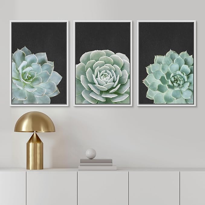 Ashbrook Framed Canvas Print Wall Art Set Green Desert Rose Cactus Succulents Nature Wilderness Photography Modern Art Minimal Chic Colorful for Living Room, Bedroom, Office - 24"x36"x3 White