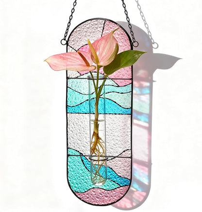 Stained Glass Plant Propagation Stations - Handmade Sunshine Catcher Hydroponic Planter Window Hanging with Glass Tubes, Christmas Terrarium Decor Gifts for Women Mom Plant Lovers, Pink